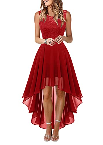 Onsoyours Damen Spitzenkleid Elegant Cocktailkleid Ärmellos Abendkleid Chiffon Hochzeitskleid Brautjungfer Freizeitkleid Kleid mit Unregelmäßig Saum B Rot XS von Onsoyours