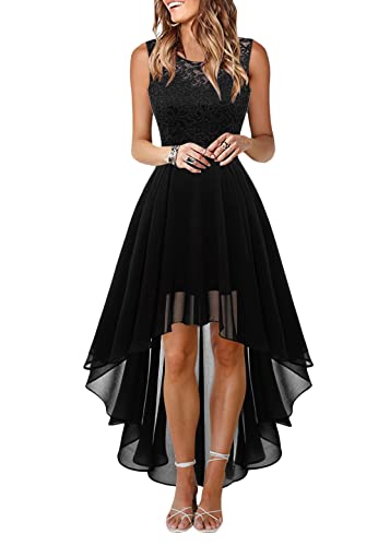 Onsoyours Damen Spitzenkleid Elegant Cocktailkleid Ärmellos Abendkleid Chiffon Hochzeitskleid Brautjungfer Freizeitkleid Kleid mit Unregelmäßig Saum B Schwarz XS von Onsoyours