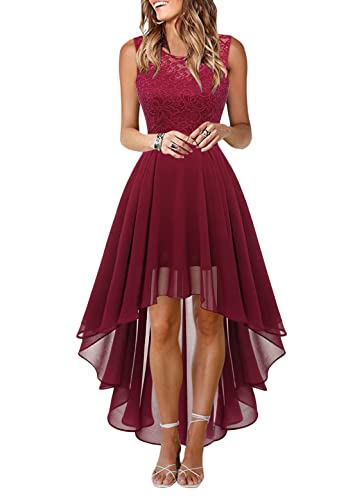Onsoyours Damen Spitzenkleid Elegant Cocktailkleid Ärmellos Abendkleid Chiffon Hochzeitskleid Brautjungfer Freizeitkleid Kleid mit Unregelmäßig Saum B Weinrot XS von Onsoyours