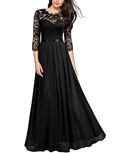 Onsoyours Damen Spitzenkleider Hochzeit Chiffon Abendkleider Elegant 3/4 Ärmel Langes Kleid Plissee Maxikleider Cocktail Party Ballkleider Schwarz S von Onsoyours