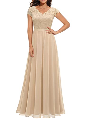 Onsoyours Damen Spitzenkleider Hochzeit Chiffon Abendkleider Elegant Kurzarm Langes Kleid Plissee Maxikleider Cocktail Party Ballkleider C Sekt S von Onsoyours