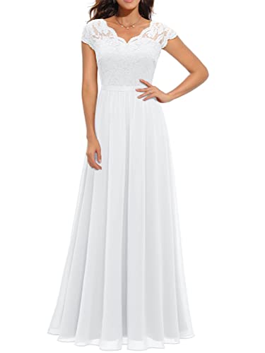 Onsoyours Damen Spitzenkleider Hochzeit Chiffon Abendkleider Elegant Kurzarm Langes Kleid Plissee Maxikleider Cocktail Party Ballkleider C Weiß S von Onsoyours