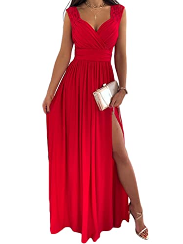 Onsoyours Damen Spitzenkleider Hochzeit Chiffon Abendkleider Elegant Ohne Arm Langes Kleid Plissee Maxikleider Cocktail Party Ballkleider A Rot XL von Onsoyours