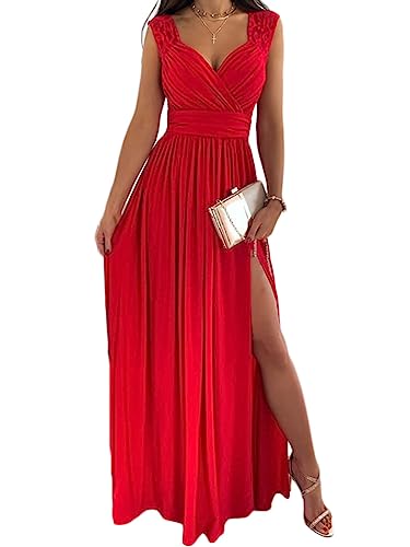 Onsoyours Damen Spitzenkleider Hochzeit Chiffon Abendkleider Elegant Ohne Arm Langes Kleid Plissee Maxikleider Cocktail Party Ballkleider A Rot XXL von Onsoyours