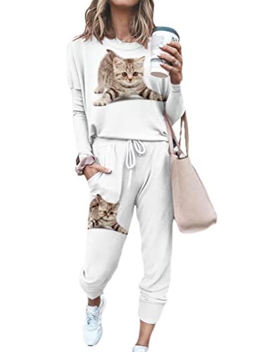 Onsoyours Damen Sportanzug Katze Drucken Jogginganzug Langarm Rundhals Pullover Sweatshirt + Kordelzug Sporthosen Trainingsanzug Zweiteilige Casual 2 Teilig Freizeitanzug Set A Muster-2 XL von Onsoyours