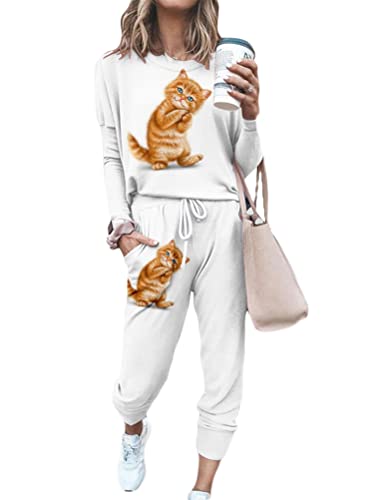Onsoyours Damen Sportanzug Katze Drucken Jogginganzug Langarm Rundhals Pullover Sweatshirt + Kordelzug Sporthosen Trainingsanzug Zweiteilige Casual 2 Teilig Freizeitanzug Set A Muster-3 L von Onsoyours