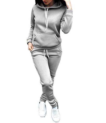 Onsoyours Damen Sportanzug Traingsanzug Jogginganzug Lange Ärmel Zipper Top + Lange Hose Frauen 2 Teilig Freizeitanzug Kapuzenpullover Sportswear 2 Stück Bekleidungsset Sport B Grau L von Onsoyours
