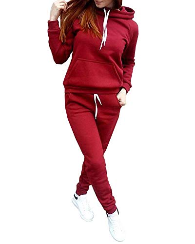 Onsoyours Damen Sportanzug Traingsanzug Jogginganzug Lange Ärmel Zipper Top + Lange Hose Frauen 2 Teilig Freizeitanzug Kapuzenpullover Sportswear 2 Stück Bekleidungsset Sport B Rot XXL von Onsoyours