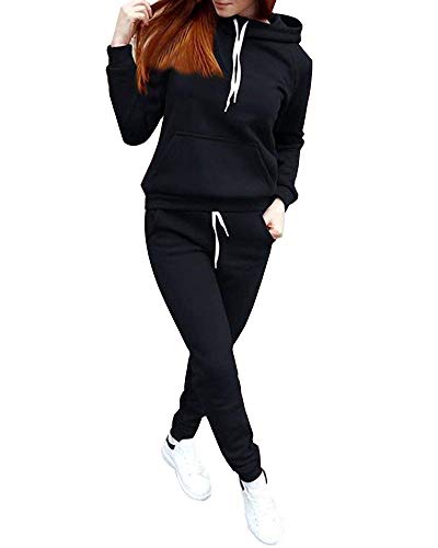Onsoyours Damen Sportanzug Traingsanzug Jogginganzug Lange Ärmel Zipper Top + Lange Hose Frauen 2 Teilig Freizeitanzug Kapuzenpullover Sportswear 2 Stück Bekleidungsset Sport B Schwarz XL von Onsoyours