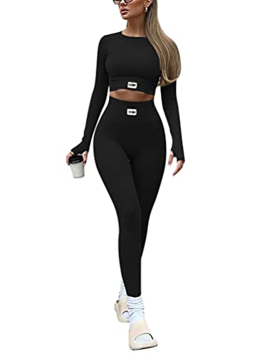 Onsoyours Damen Sportanzug Trainingsanzug Jogginganzug 2 Teilig Bauchfrei Crop Top +Push up Leggings Sportbekleidung Set Yoga Outfit Freizeitanzug A Schwarz M von Onsoyours