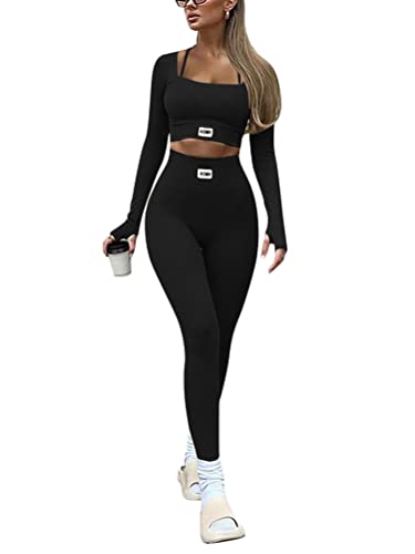 Onsoyours Damen Sportanzug Trainingsanzug Jogginganzug 2 Teilig Bauchfrei Crop Top +Push up Leggings Sportbekleidung Set Yoga Outfit Freizeitanzug B Schwarz L von Onsoyours