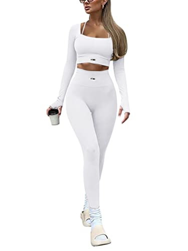 Onsoyours Damen Sportanzug Trainingsanzug Jogginganzug 2 Teilig Bauchfrei Crop Top +Push up Leggings Sportbekleidung Set Yoga Outfit Freizeitanzug B Weiß L von Onsoyours