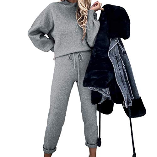Onsoyours Damen Sportanzug Zweiteiler Trainingsanzug Set Mode 2 Stück Set aus Rollkragen Sweatshirt mit Jogginghose Sportswear Bequem Jogginganzug Freizeitanzug B Grau M von Onsoyours