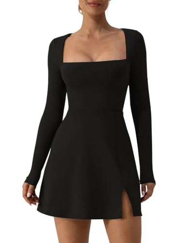 Onsoyours Damen Square Neck Sexy Kleider Bodycon Bleistiftkleid Minikleid Partykleid Figurbetont Langarmkleid A Schwarz XS von Onsoyours