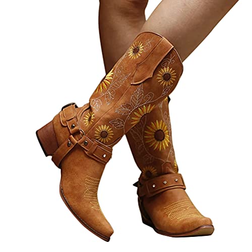 Onsoyours Damen Stiefel Cowboystiefel mit Blockabsatz Spitze Zehe Stiefel Vintage Wanderschuhe Kunstleder Blumen Stickerei Kurzschaft Boots B Gelb 39 EU von Onsoyours