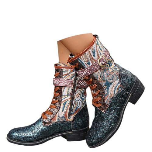 Onsoyours Damen Stiefel Herbst Winter Retro Runde Zehenplattform Ankle Boots Reißverschluss Zurück Schnürung Knöchel Schuhe Stiefel mit Dickem Absatz B Grün 41 EU von Onsoyours
