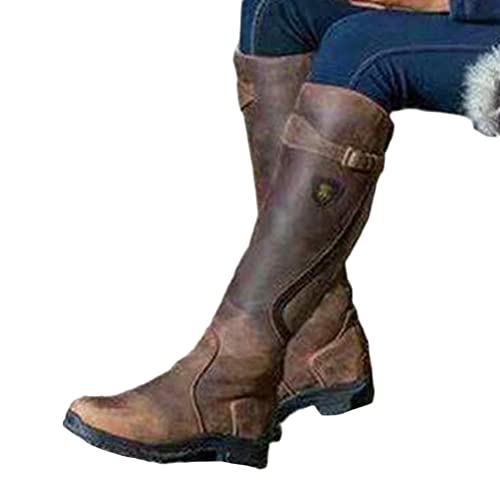 Onsoyours Damen Stiefel Lederstiefel mit Blockabsatz Schnalle Kunstleder Cowboystiefel Retro Römische Ritterstiefel Kniehohe Herbst Stiefeletten Lange Boots Dunkelbraun 40 EU von Onsoyours