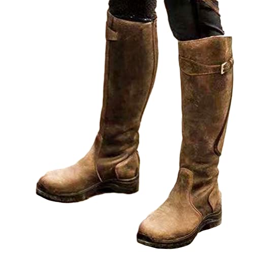 Onsoyours Damen Stiefel Lederstiefel mit Blockabsatz Schnalle Kunstleder Cowboystiefel Retro Römische Ritterstiefel Kniehohe Herbst Stiefeletten Lange Boots Gelb 37 EU von Onsoyours