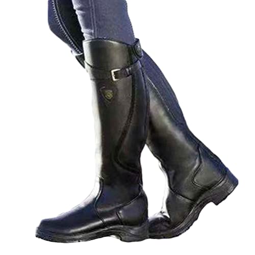 Onsoyours Damen Stiefel Lederstiefel mit Blockabsatz Schnalle Kunstleder Cowboystiefel Retro Römische Ritterstiefel Kniehohe Herbst Stiefeletten Lange Boots Schwarz 42 EU von Onsoyours