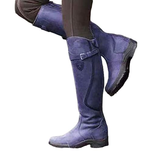 Onsoyours Damen Stiefel Lederstiefel mit Blockabsatz Schnalle Kunstleder Cowboystiefel Retro Römische Ritterstiefel Kniehohe Herbst Stiefeletten Lange Boots Violett 41 EU von Onsoyours