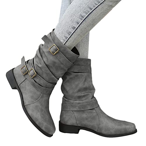 Onsoyours Damen Stiefel Mit Blockabsatz Kurzschaft Ankle Boots Cowboystiefel Schlupfstiefel Outdoor Stiefel Flache Absätze Halbhohe Vintage Biker Boots Stiefeletten A Grau 36 EU von Onsoyours