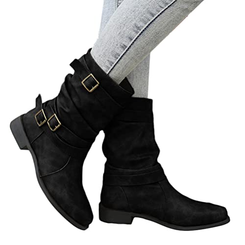 Onsoyours Damen Stiefel Mit Blockabsatz Kurzschaft Ankle Boots Cowboystiefel Schlupfstiefel Outdoor Stiefel Flache Absätze Halbhohe Vintage Biker Boots Stiefeletten A Schwarz 37 EU von Onsoyours