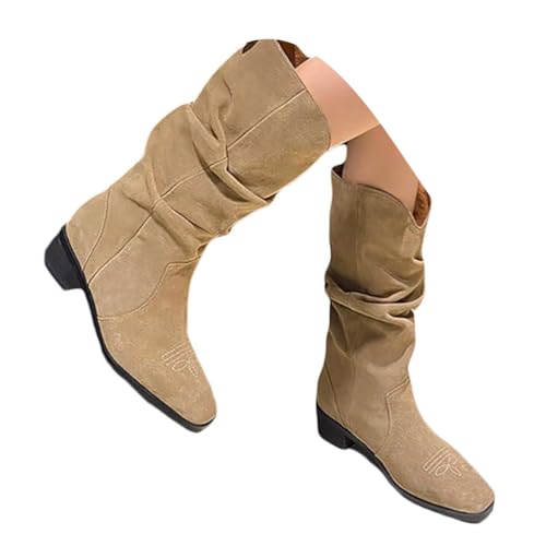 Onsoyours Damen Stiefel Weite Freizeit Boots Schuhe mit Hohem Stiefel Cowboy Boots E2 Khaki 39 von Onsoyours