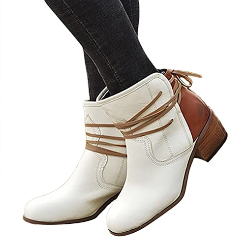 Onsoyours Damen Stiefeletten Ankle Boots mit Blockabsatz Retro-Stil Kurze Schuhe Schnürsenkel Frauen Klassischer Bequem Spitzschuhe Kurze Stiefeletten Herbst Winter Cremeweiß 40 EU von Onsoyours