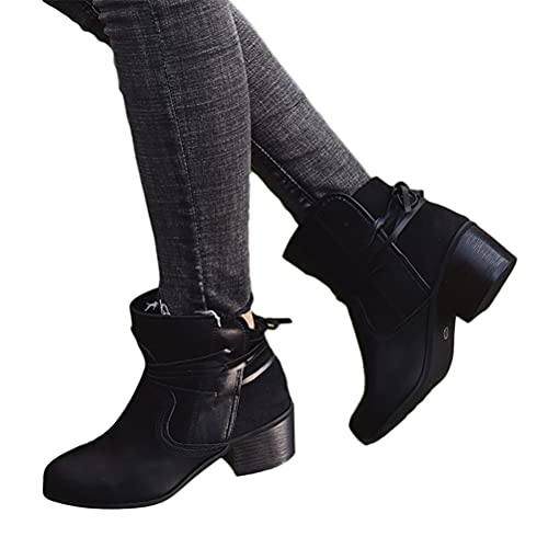 Onsoyours Damen Stiefeletten Ankle Boots mit Blockabsatz Retro-Stil Kurze Schuhe Schnürsenkel Frauen Klassischer Bequem Spitzschuhe Kurze Stiefeletten Herbst Winter Schwarz 43 EU von Onsoyours