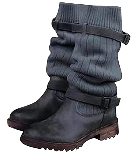 Onsoyours Damen Stiefeletten Blockabsatz Strick Stiefel Herbst Winter Schuhe Gürtelschnalle Grau 41 EU von Onsoyours