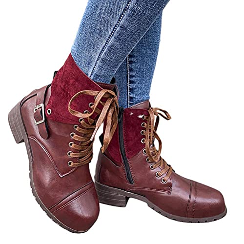 Onsoyours Damen Stiefeletten Elegante Ankle Boots Schnürstiefel Seite Zipper Schuhe Freizeit Mode Frauen Stiefel Winterstiefel mit Blockabsatz A Rot 39 EU von Onsoyours