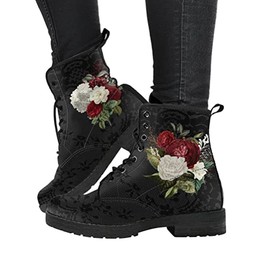 Onsoyours Damen Stiefeletten Gothic Chelsea Stiefel Frauen Flache Biker Boots Springerstiefel Winter Knöchel Stiefel mit Blockabsatz Retro Drucken Kurze Stiefel A2 40 EU von Onsoyours