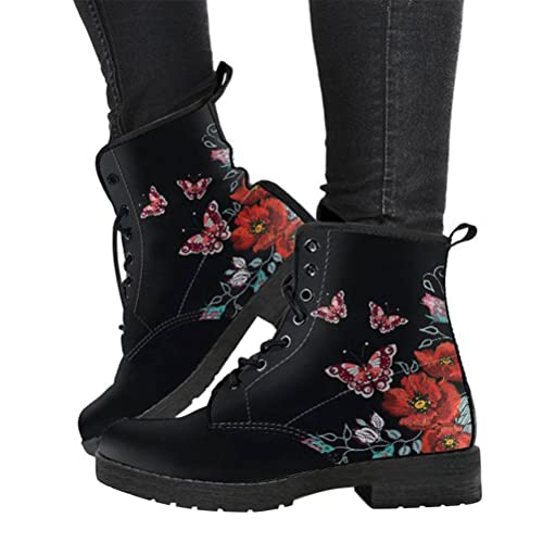 Onsoyours Damen Stiefeletten Gothic Chelsea Stiefel Frauen Flache Biker Boots Springerstiefel Winter Knöchel Stiefel mit Blockabsatz Retro Drucken Kurze Stiefel A3 43 EU von Onsoyours