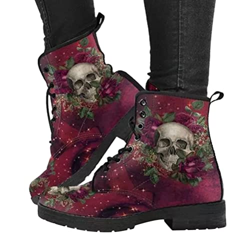 Onsoyours Damen Stiefeletten Gothic Chelsea Stiefel Frauen Flache Biker Boots Springerstiefel Winter Knöchel Stiefel mit Blockabsatz Retro Drucken Kurze Stiefel A7 40 EU von Onsoyours