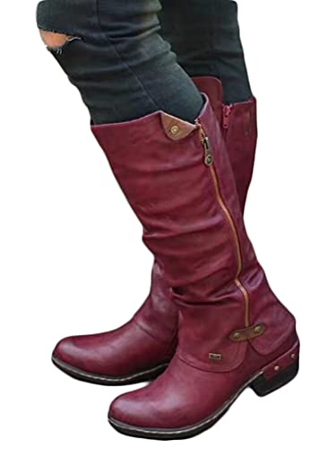 Onsoyours Damen Stiefeletten Lässige Warme Gefüttert Winter Langschaft Boots Reitstiefel Niedrige Lange Stiefel mit Absatz Beiläufige Winterschuhe Reißverschluss Schuhe Rot 38 EU von Onsoyours