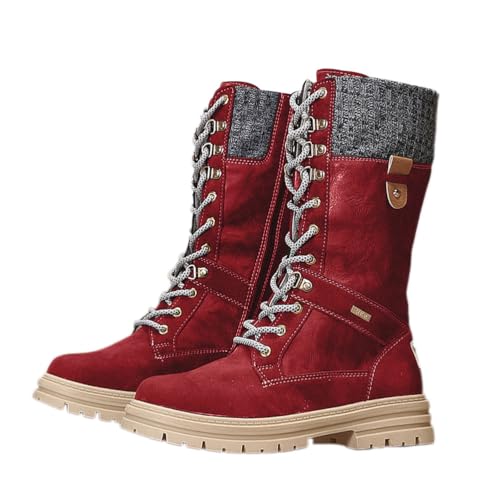 Onsoyours Damen Stiefeletten Modische Warm Lange Stiefel Reitstiefel Western Stiefel aus Leder Boots Schneestiefel Rutschfest Herbst Winter Stiefel A Rot 37 EU von Onsoyours