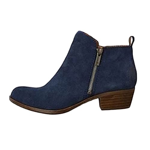 Onsoyours Damen Stiefeletten Winterstiefel Combat Stiefel mit Reißverschluss Kurzschaft Boots Bequeme Ankle Boots Retro Cowboy Stiefel Flache Chelsea Boots Blau 40 EU von Onsoyours