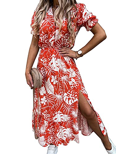 Onsoyours Damen Strandkleid Blumenmuster Kleider Boho Sommerkleider Blumendruck Knielang Kleid Kurzarm Kleid Tunika Swing Kleid 1 Orange 46 von Onsoyours