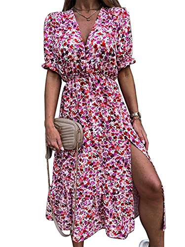 Onsoyours Damen Strandkleid Blumenmuster Kleider Boho Sommerkleider Blumendruck Knielang Kleid Kurzarm Kleid Tunika Swing Kleid 1 Rose Rot 38 von Onsoyours