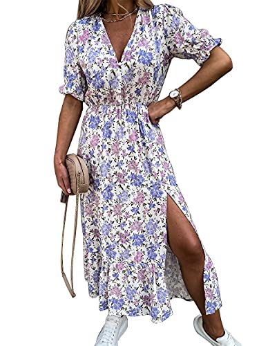 Onsoyours Damen Strandkleid Blumenmuster Kleider Boho Sommerkleider Blumendruck Knielang Kleid Kurzarm Kleid Tunika Swing Kleid 1 Violett 40 von Onsoyours