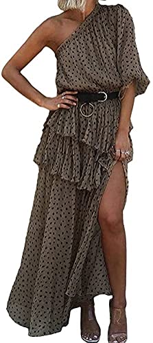 Onsoyours Damen Strandkleid Boho Polka Dot Sommerkleid One Shoulder Chiffon Kleid Loose Freizeitkleid Maxikleider Elegant Partylkleid Khaki M von Onsoyours