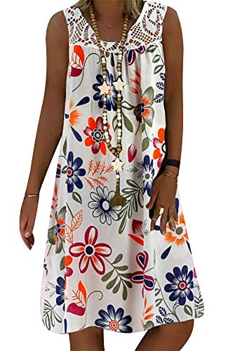 Onsoyours Damen Strandkleid Boho Tunika Sommerkleid Elegant Casual Rundhals Blumenkleid Loose T-Shirt Kleid Floral Knielang Strandkleid (48, A Weiß) von Onsoyours