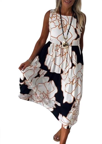 Onsoyours Damen Strandkleid Boho Tunika Sommerkleid Elegant Casual Rundhals Blumenkleid Loose T-Shirt Kleid Floral Knielang Strandkleid 01 Weiß 50 von Onsoyours