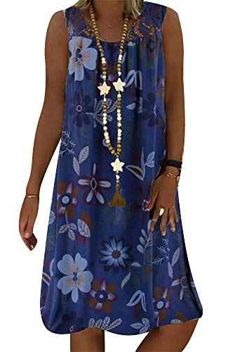 Onsoyours Damen Strandkleid Boho Tunika Sommerkleid Elegant Casual Rundhals Blumenkleid Loose T-Shirt Kleid Floral Knielang Strandkleid A Dunkelblau 38 von Onsoyours