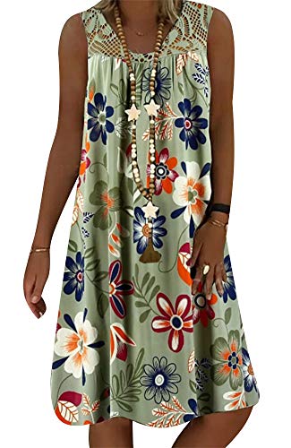 Onsoyours Damen Strandkleid Boho Tunika Sommerkleid Elegant Casual Rundhals Blumenkleid Loose T-Shirt Kleid Floral Knielang Strandkleid A Grün 38 von Onsoyours