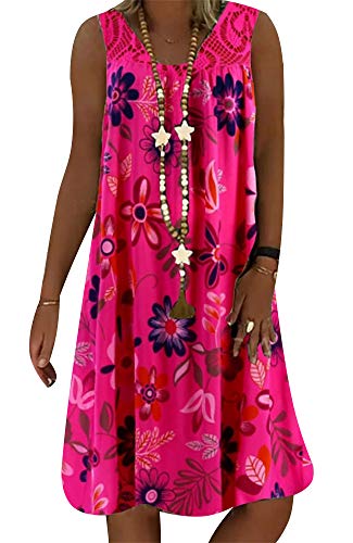 Onsoyours Damen Strandkleid Boho Tunika Sommerkleid Elegant Casual Rundhals Blumenkleid Loose T-Shirt Kleid Floral Knielang Strandkleid A Rose Rot 40 von Onsoyours