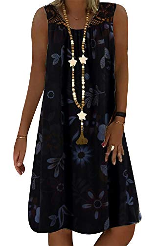 Onsoyours Damen Strandkleid Boho Tunika Sommerkleid Elegant Casual Rundhals Blumenkleid Loose T-Shirt Kleid Floral Knielang Strandkleid A Schwarz 38 von Onsoyours