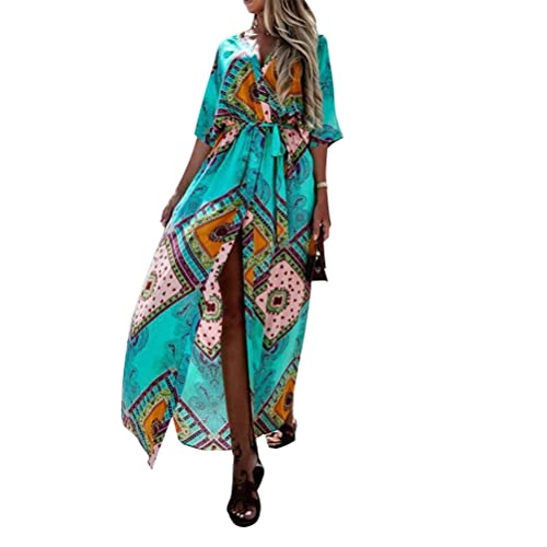 Onsoyours Damen Strandkleid Boho Tunika Sommerkleid V-Ausschnitt Blumenkleid Loose T-Shirt Kleid Floral Maxikleid 02 Blau 38 von Onsoyours