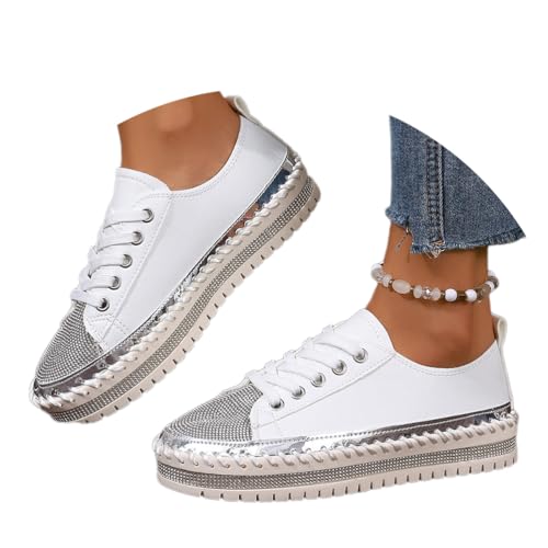 Onsoyours Damen Strass Sneakers Low Plateau Walkingschuhe Freizeitschuhe Schnürer Sportschuhe Atmungsaktiv Laufschuhe Turnschuhe A Weiß 39 EU von Onsoyours