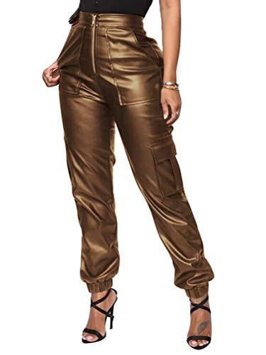 Onsoyours Damen Stretch Hosen Push Up Effekt Lederhose Stretch Biker Coated Kunstlederhose Leggings Knopfleiste Lederhose A Khaki XL von Onsoyours